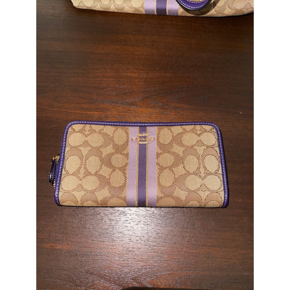Coach Signature Stripe Tote Bag and wallet Purple Trim Canvas Leather Trim - Picture 8 of 10